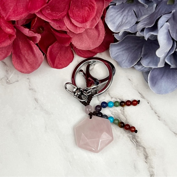 Natural Rose Quartz Hexagon Stone with Rainbow Chakra Keychain Charm - Picture 9 of 14